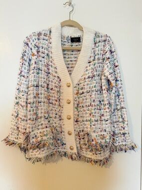 VICI White Tweed Fringe Button Cardigan with Multicolor Yarn-Never Worn